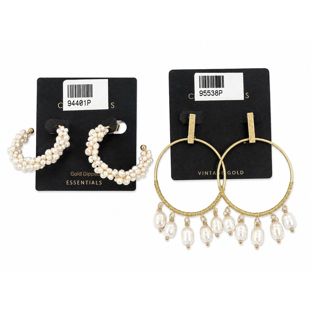 2 pair Columbus Earrings Lot Pearl Hoop Cluster Gold dipped brass drop dangle